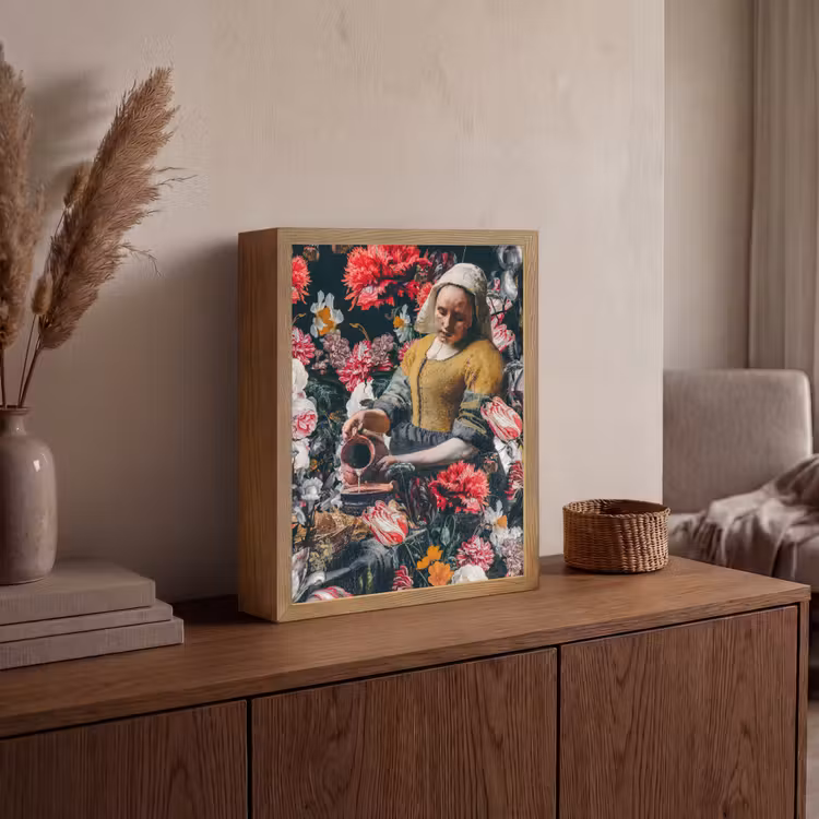 Melkmeisje - Johannes Vermeer - Bloemen - Roze Light Box met batterij (Wandlamp) middel -sfeer2
