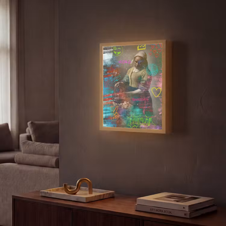 Melkmeisje - Johannes Vermeer - Graffiti Light Box met batterij (Wandlamp) middel -sfeer1