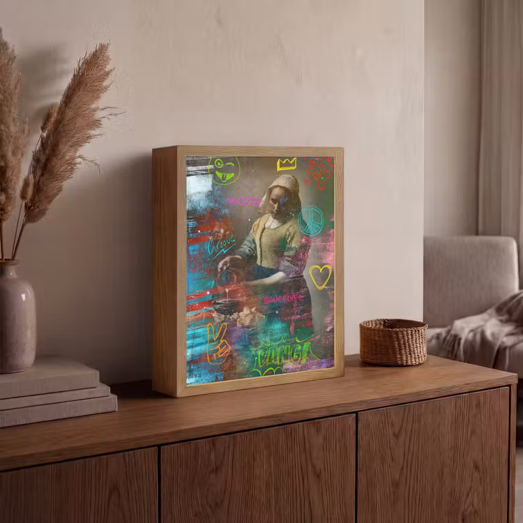 Melkmeisje - Johannes Vermeer - Graffiti Light Box met batterij (Wandlamp) middel -sfeer2