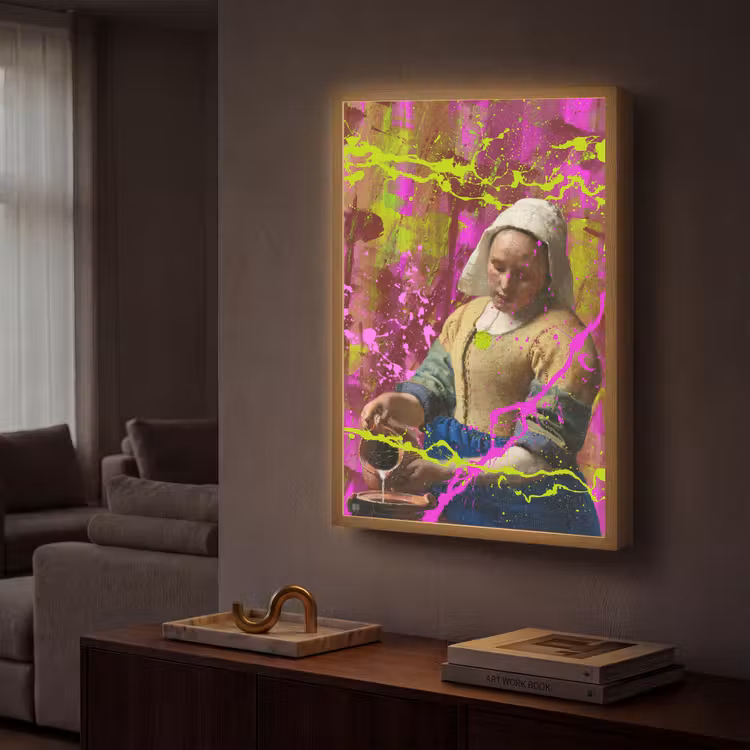 Melkmeisje - Johannes Vermeer - Neon Light Box met batterij (Wandlamp) middel -sfeer1