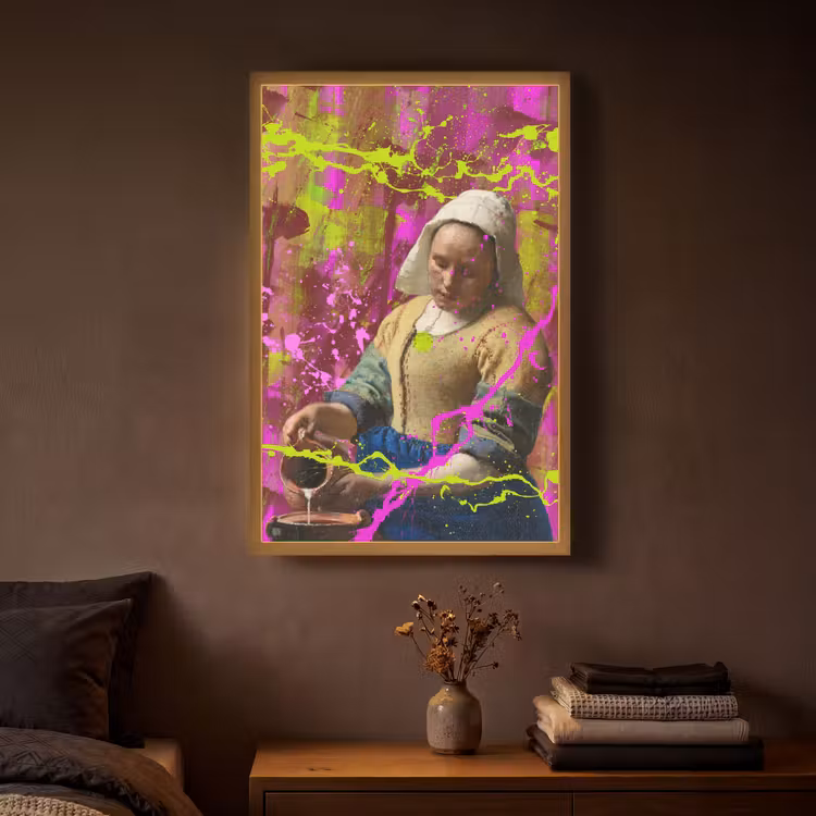 Melkmeisje - Johannes Vermeer - Neon Light Box met batterij (Wandlamp) middel -sfeer4