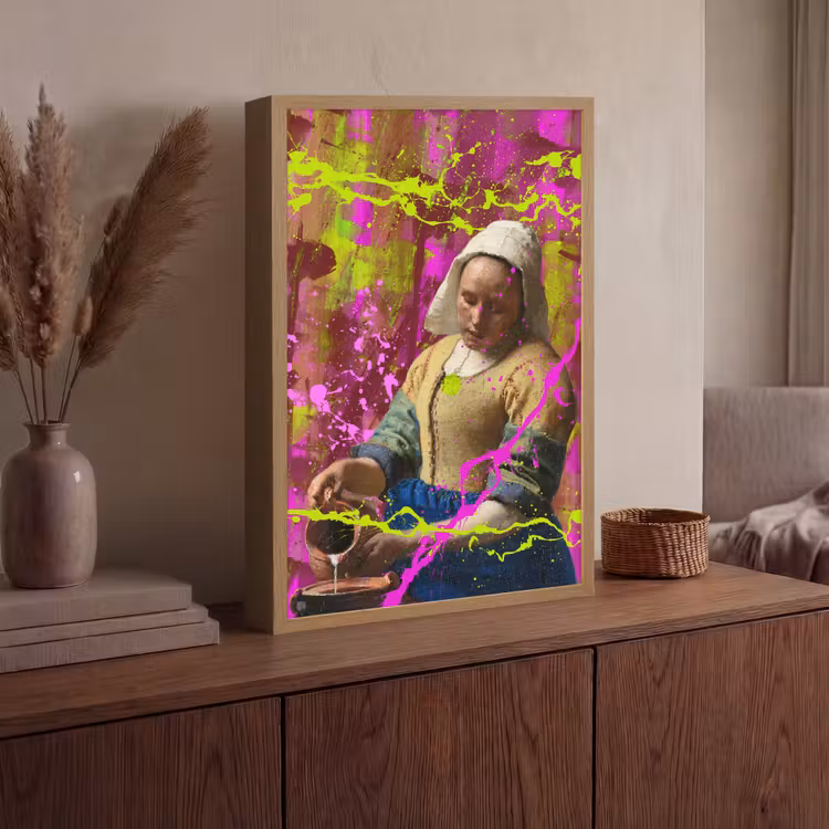Melkmeisje - Johannes Vermeer - Neon Light Box met batterij (Wandlamp) middel -sfeer2