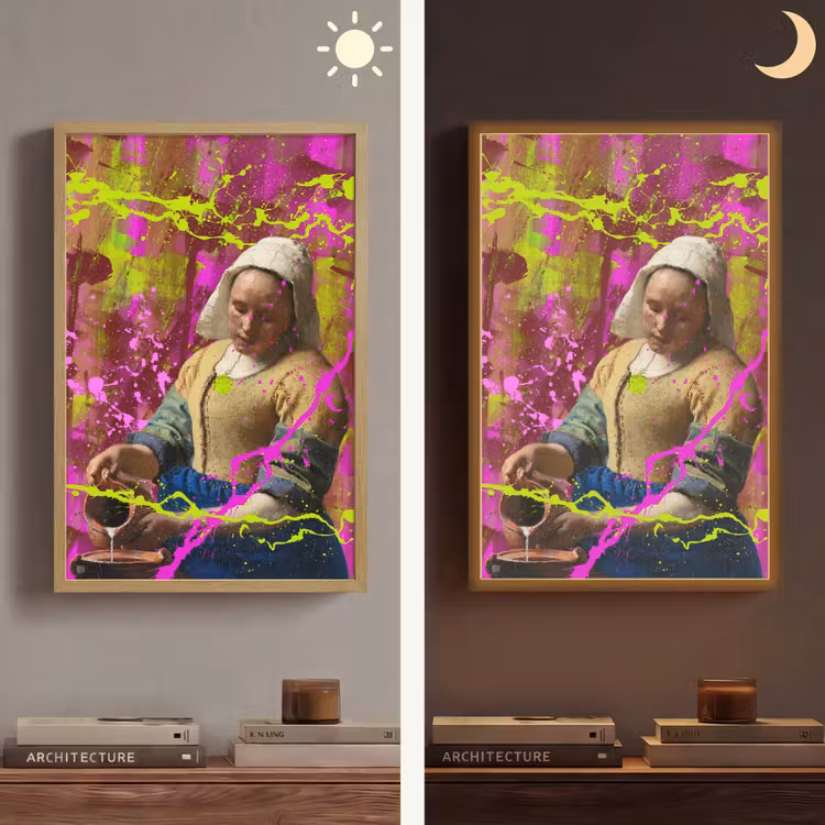 Melkmeisje - Johannes Vermeer - Neon Light Box met batterij (Wandlamp) middel -sfeer3