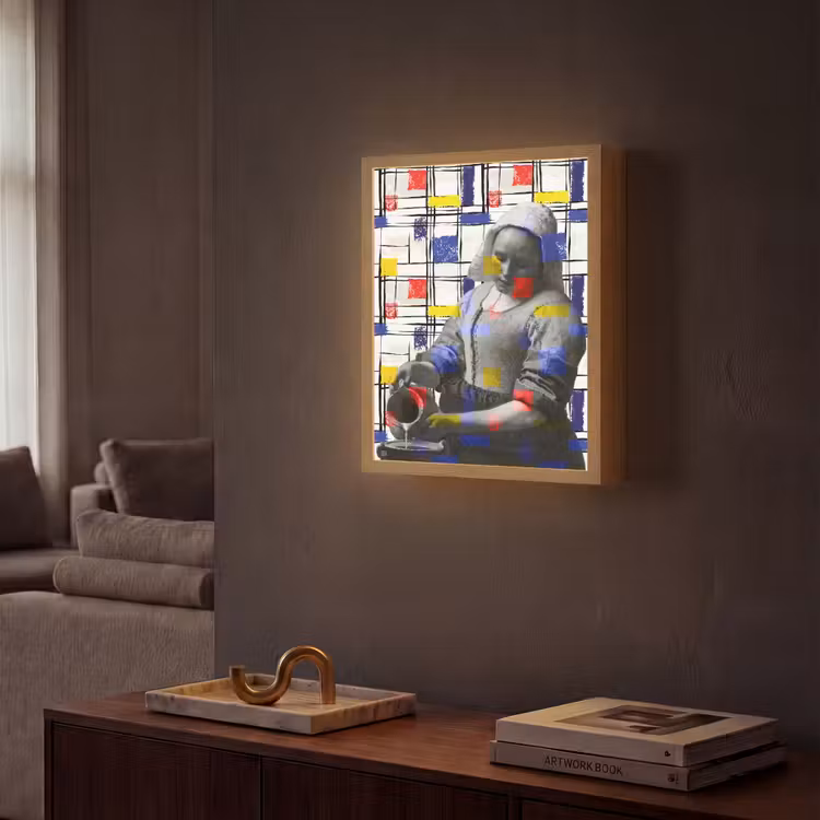 Melkmeisje - Mondriaan - Collage Light Box met batterij (Wandlamp) middel -sfeer1