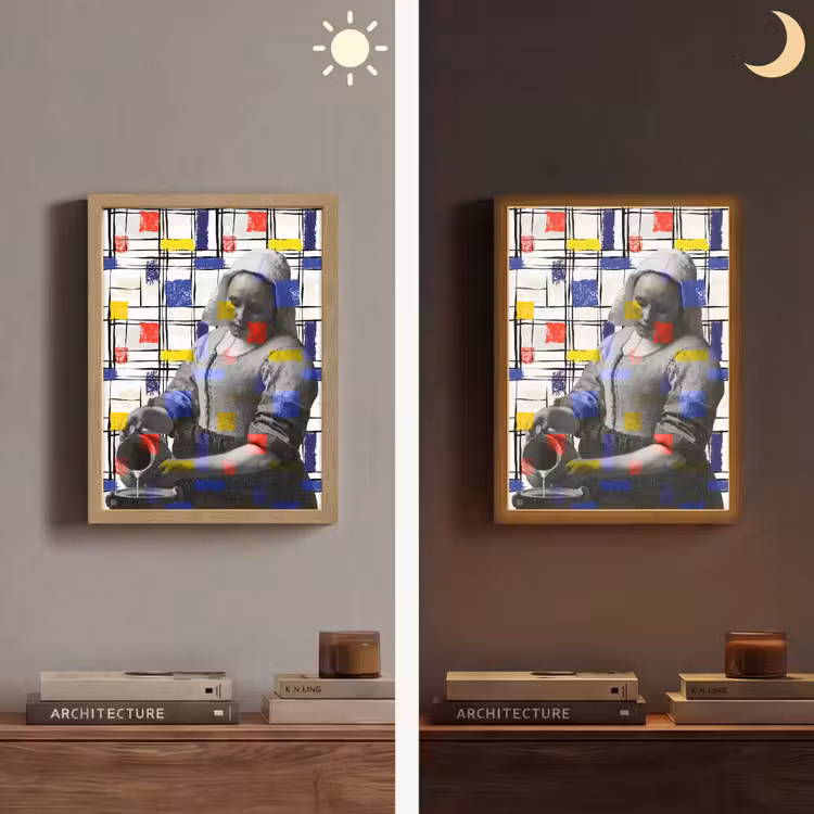 Melkmeisje - Mondriaan - Collage Light Box met batterij (Wandlamp) middel -sfeer3