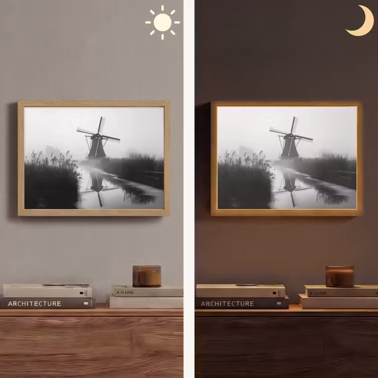 Molen - Weerspiegeling - Landschap - Water Light Box met batterij (Wandlamp) middel -sfeer3