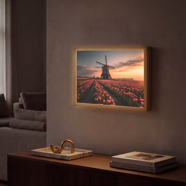 Molen - Zonsondergang - Tulpen - Rood Light Box met batterij (Wandlamp) middel -sfeer1