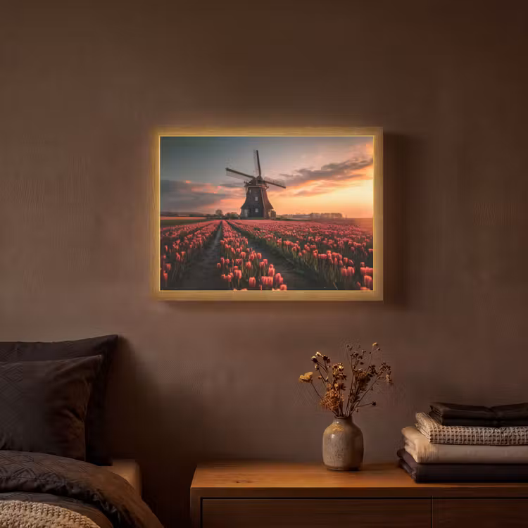 Molen - Zonsondergang - Tulpen - Rood Light Box met batterij (Wandlamp) middel -sfeer4