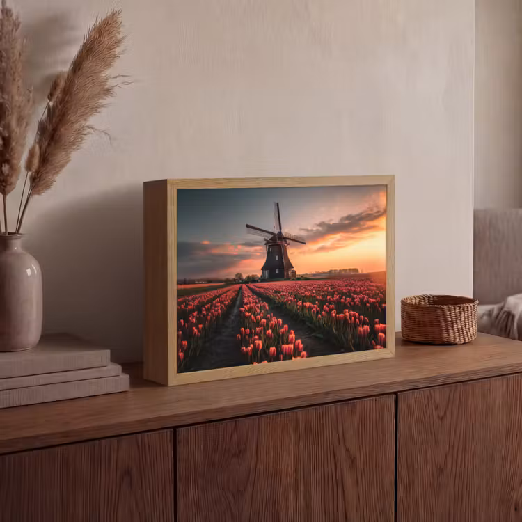 Molen - Zonsondergang - Tulpen - Rood Light Box met batterij (Wandlamp) middel -sfeer2