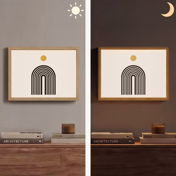 Minimalistisch - Zwarte boog - Gouden cirkel Light Box met batterij (Wandlamp) middel -sfeer3