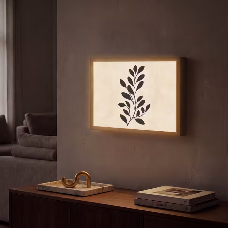 Minimalistisch - Tak - Bladeren - Zwart Light Box met batterij (Wandlamp) middel -sfeer1