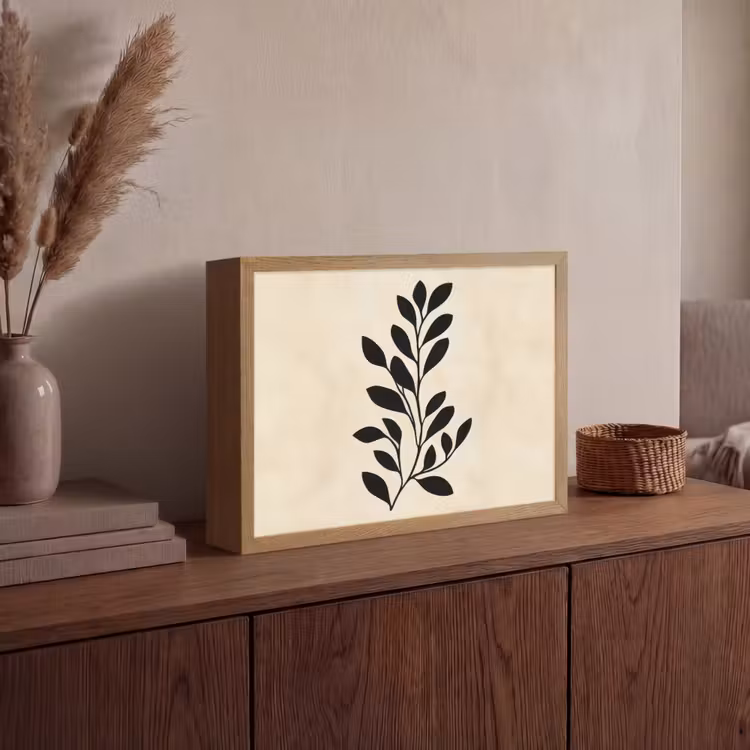 Minimalistisch - Tak - Bladeren - Zwart Light Box met batterij (Wandlamp) middel -sfeer2