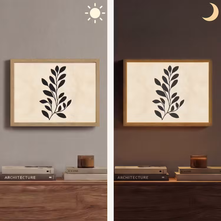 Minimalistisch - Tak - Bladeren - Zwart Light Box met batterij (Wandlamp) middel -sfeer3