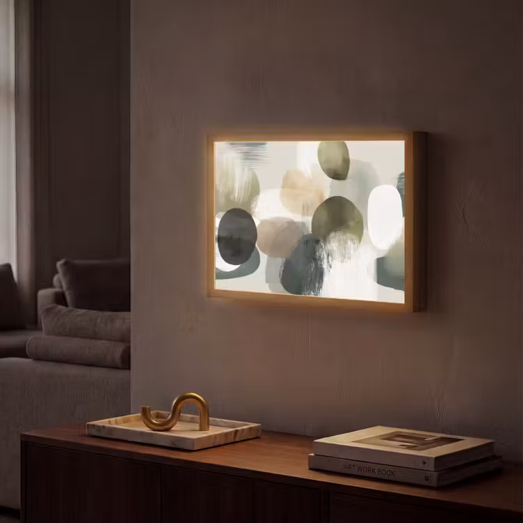 Minimalistisch - Cirkels - Penseelstreken - Beige Light Box met batterij (Wandlamp) middel -sfeer1
