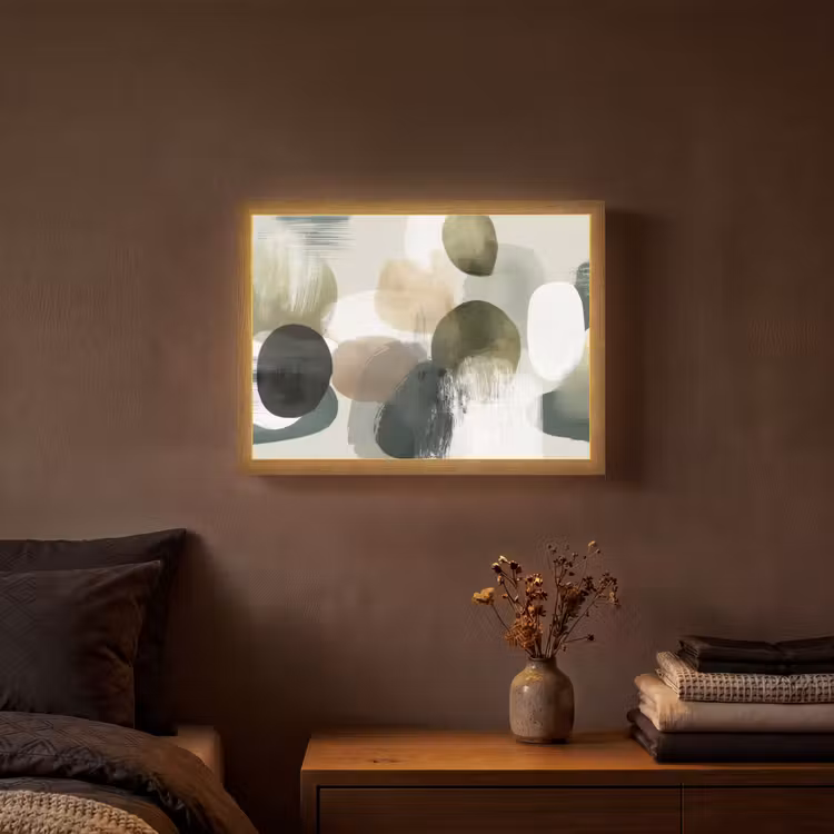 Minimalistisch - Cirkels - Penseelstreken - Beige Light Box met batterij (Wandlamp) middel -sfeer4