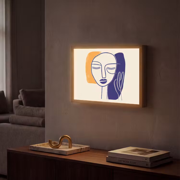 Minimalistisch - Gezicht - Hand - Oranje - Blauw Light Box met batterij (Wandlamp) middel -sfeer1