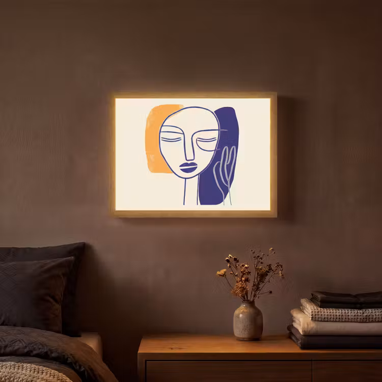 Minimalistisch - Gezicht - Hand - Oranje - Blauw Light Box met batterij (Wandlamp) middel -sfeer4