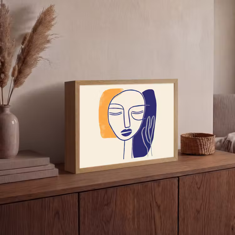 Minimalistisch - Gezicht - Hand - Oranje - Blauw Light Box met batterij (Wandlamp) middel -sfeer2