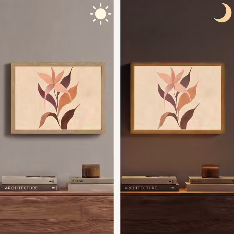 Minimalistisch - Bloem - Bladeren - Beige Light Box met batterij (Wandlamp) middel -sfeer3
