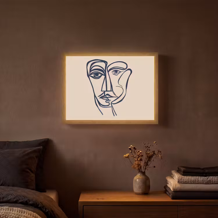 Minimalistisch - Lijnillustratie - Beige - Donkerblauw Light Box met batterij (Wandlamp) middel -sfeer4