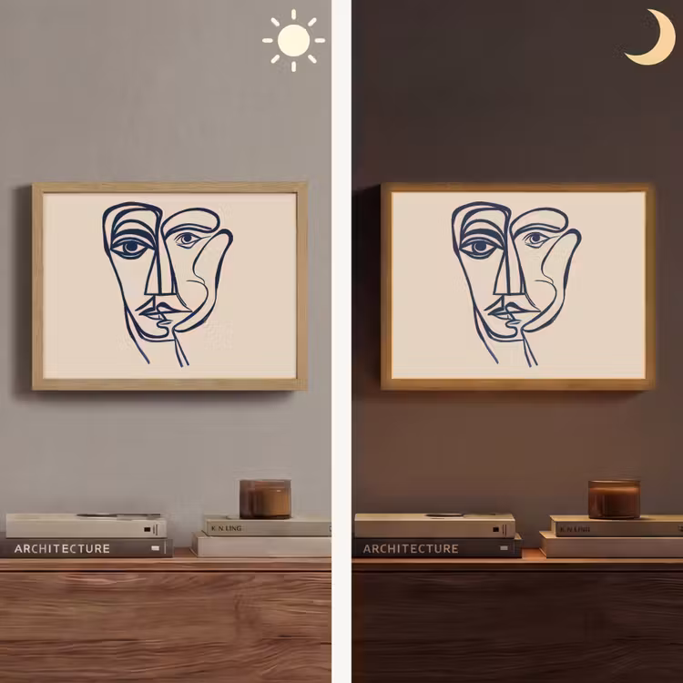 Minimalistisch - Lijnillustratie - Beige - Donkerblauw Light Box met batterij (Wandlamp) middel -sfeer3