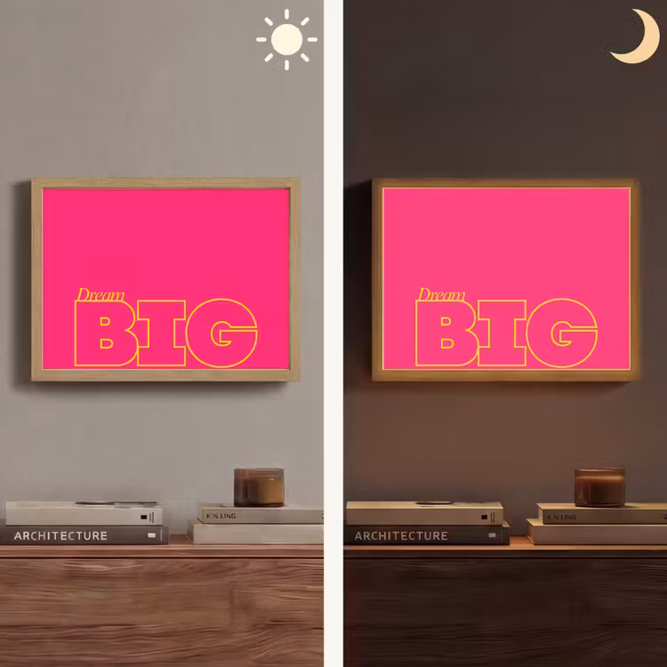 Minimalistisch - Roze - Dream big - Grafisch Light Box met batterij (Wandlamp) middel -sfeer3