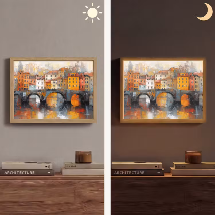 Gracht - Huizen - Kunst - Art Light Box met batterij (Wandlamp) middel -sfeer3
