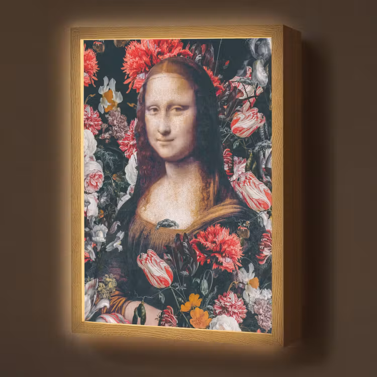 Mona Lisa - Leonardo da Vinci - Bloemen - Roze Light Box met batterij (Wandlamp) middel -z3d_website