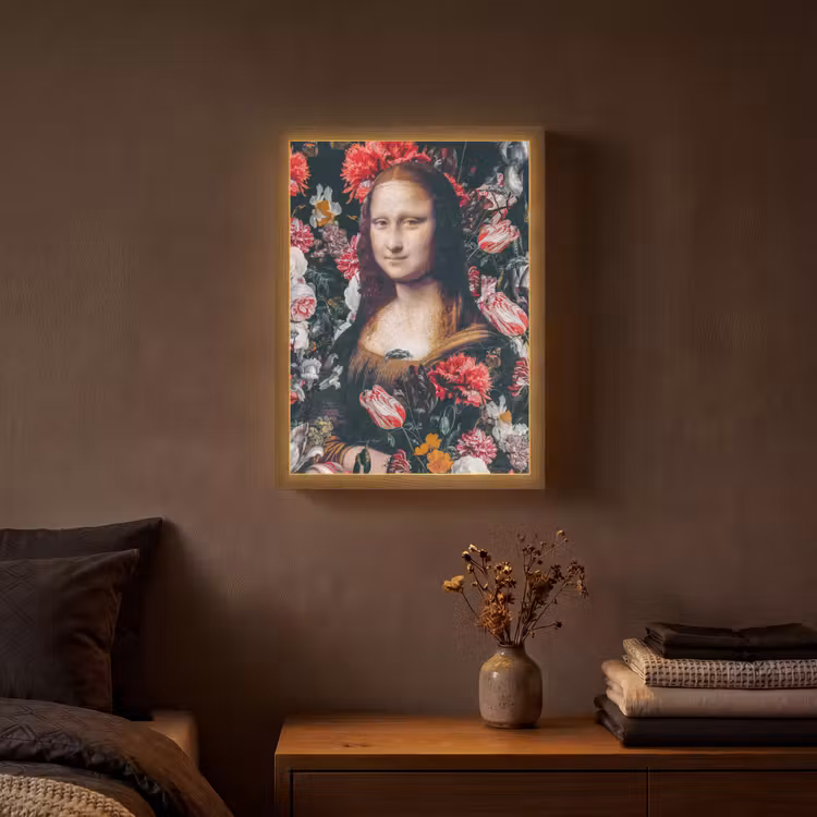 Mona Lisa - Leonardo da Vinci - Bloemen - Roze Light Box met batterij (Wandlamp) middel -sfeer4