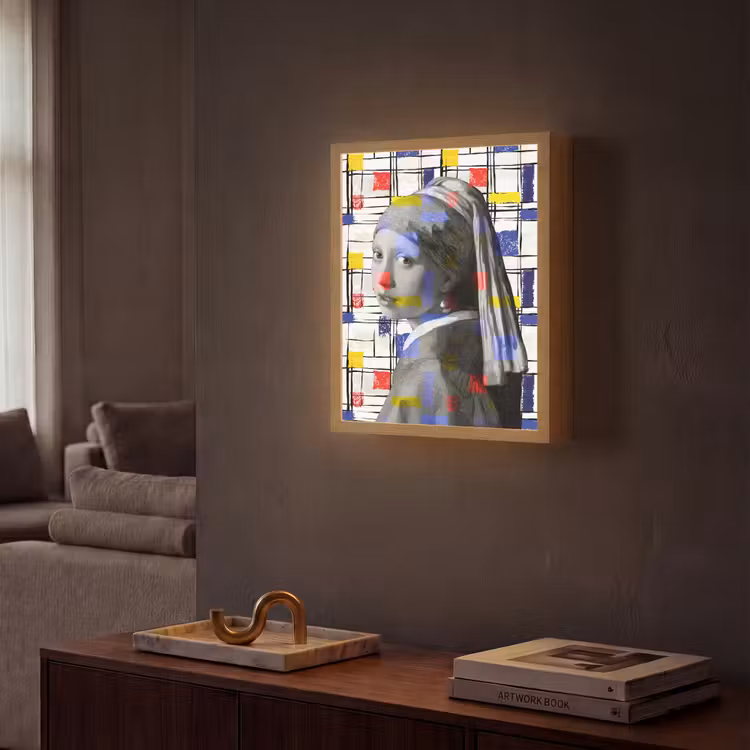 Mondriaan - Meisje met de parel - Collage Light Box met batterij (Wandlamp) middel -sfeer1