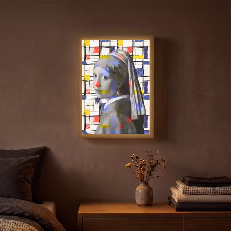 Mondriaan - Meisje met de parel - Collage Light Box met batterij (Wandlamp) middel -sfeer4