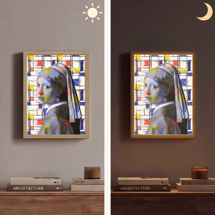Mondriaan - Meisje met de parel - Collage Light Box met batterij (Wandlamp) middel -sfeer3