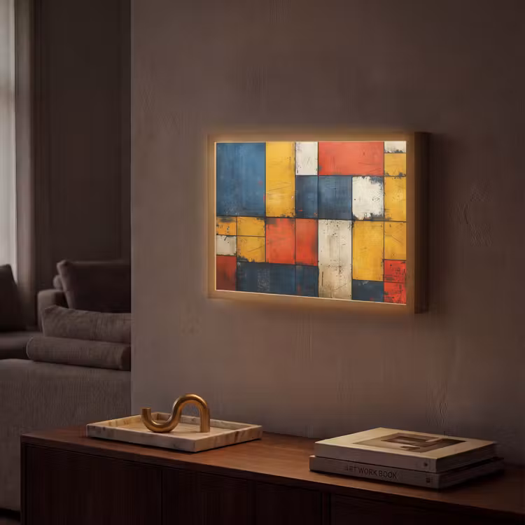 Mondriaan stijl - Kunst - Kleurrijk - Modern Light Box met batterij (Wandlamp) middel -sfeer1