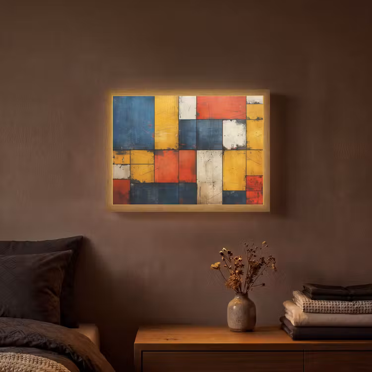 Mondriaan stijl - Kunst - Kleurrijk - Modern Light Box met batterij (Wandlamp) middel -sfeer4