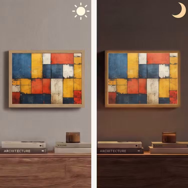 Mondriaan stijl - Kunst - Kleurrijk - Modern Light Box met batterij (Wandlamp) middel -sfeer3