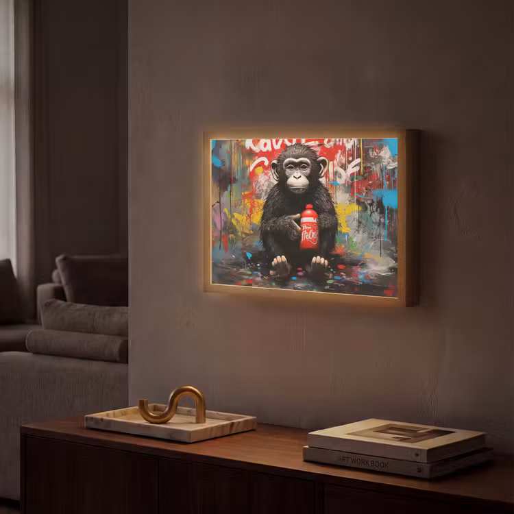 Aap - Graffiti - Dieren - Kunst - Flesje - Kleuren Light Box met batterij (Wandlamp) middel -sfeer1