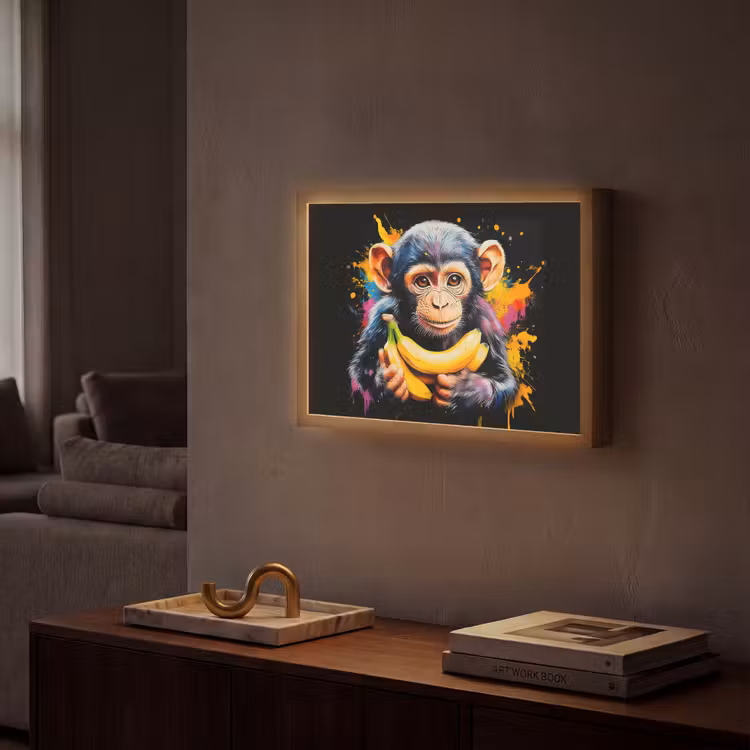 Aap - Graffiti - Kleurrijk - Bananen - Modern Light Box met batterij (Wandlamp) middel -sfeer1