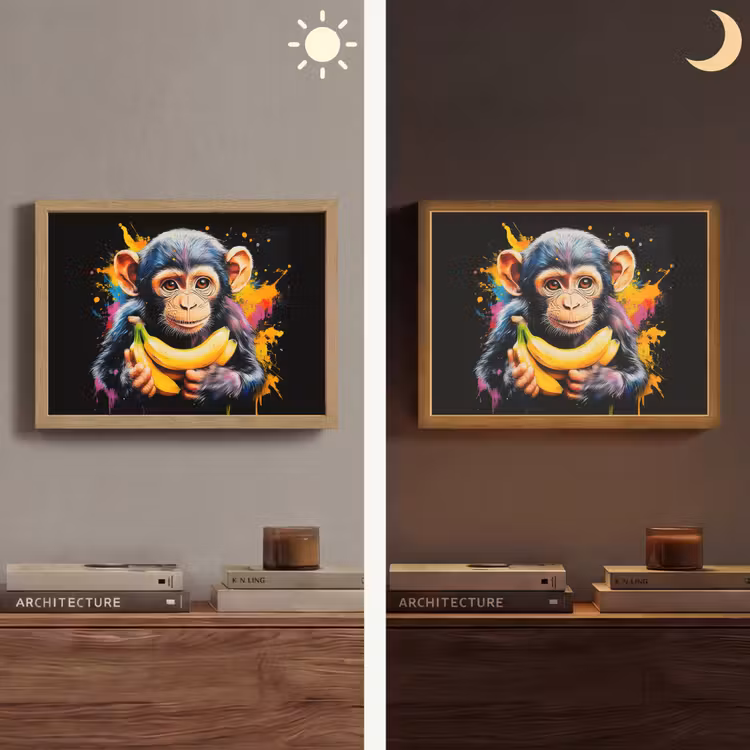 Aap - Graffiti - Kleurrijk - Bananen - Modern Light Box met batterij (Wandlamp) middel -sfeer3