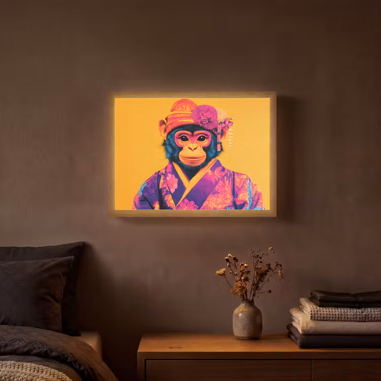 Aap - Kimono - Bloemen - Hoofdtooi Light Box met batterij (Wandlamp) middel -sfeer4