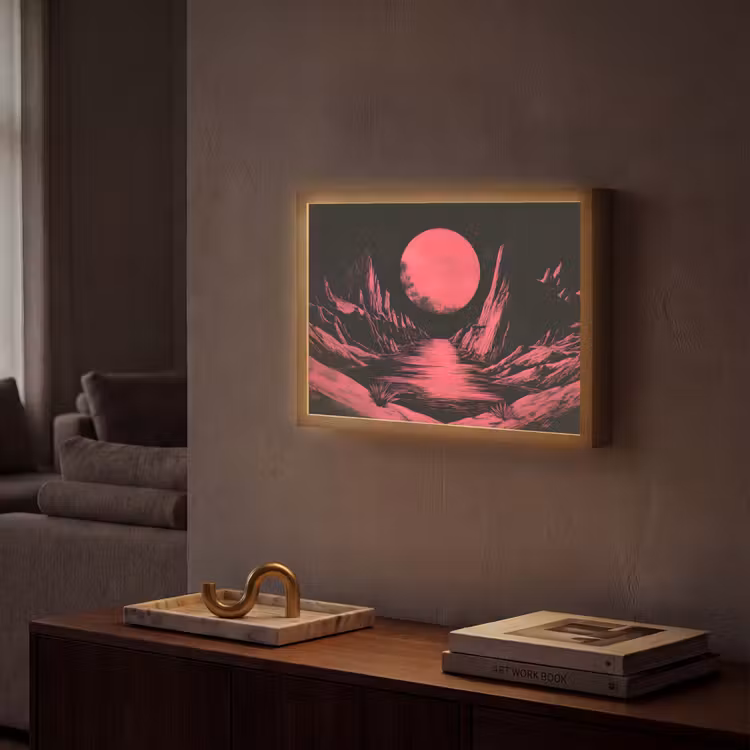 Maan - Felroze - Bergen - Rivier Light Box met batterij (Wandlamp) middel -sfeer1