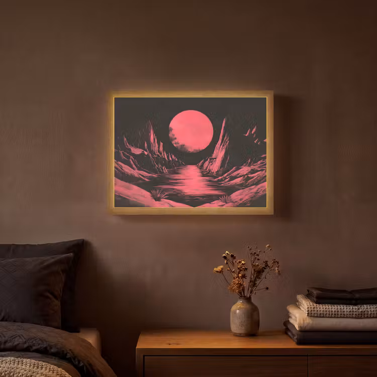 Maan - Felroze - Bergen - Rivier Light Box met batterij (Wandlamp) middel -sfeer4