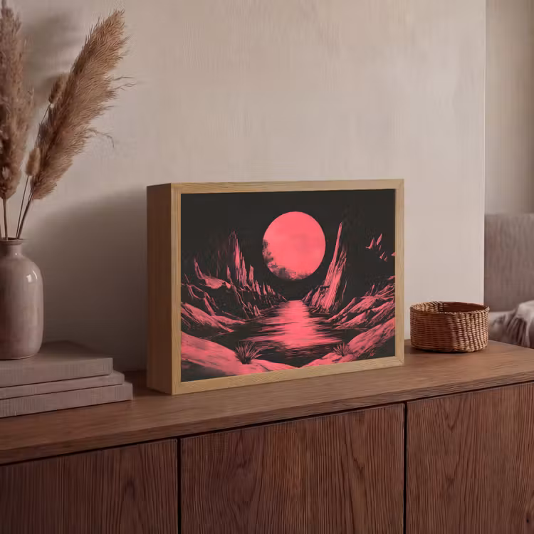 Maan - Felroze - Bergen - Rivier Light Box met batterij (Wandlamp) middel -sfeer2