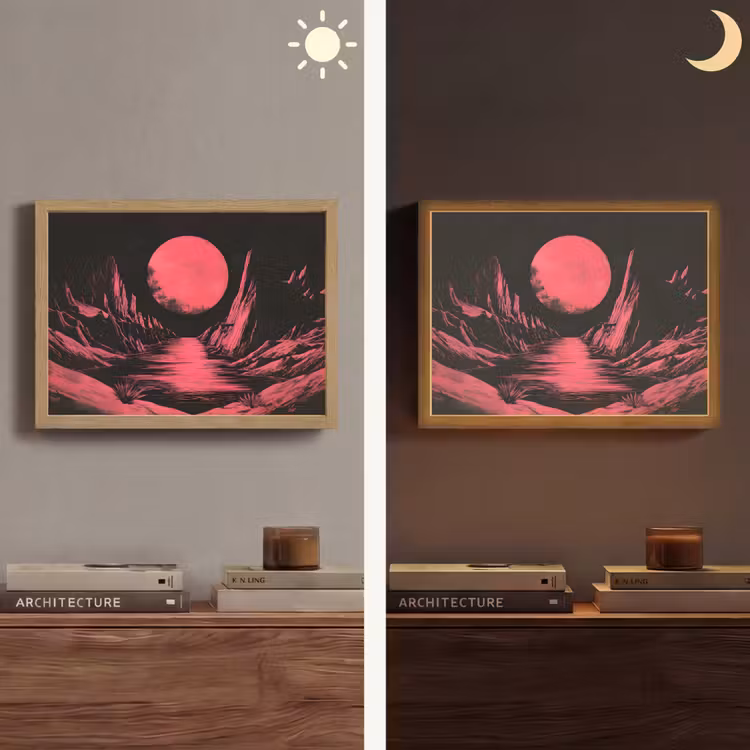 Maan - Felroze - Bergen - Rivier Light Box met batterij (Wandlamp) middel -sfeer3