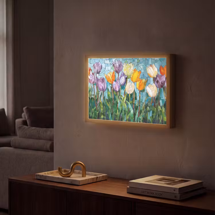 Mozaïek - Veld - Tulpen - Kleurrijk Light Box met batterij (Wandlamp) middel -sfeer1