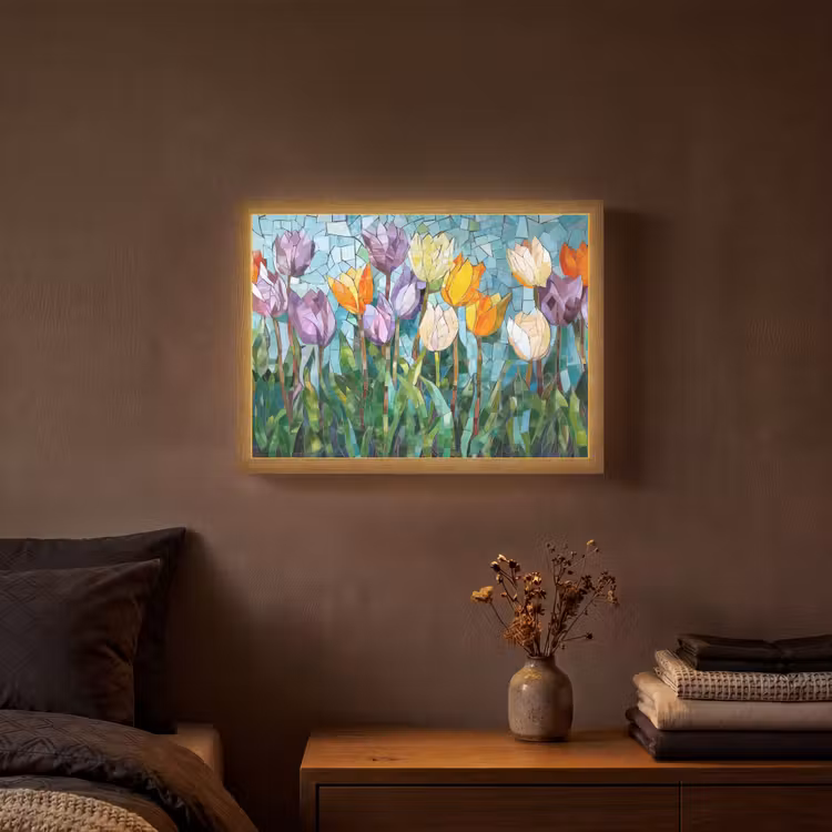 Mozaïek - Veld - Tulpen - Kleurrijk Light Box met batterij (Wandlamp) middel -sfeer4