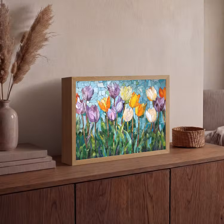 Mozaïek - Veld - Tulpen - Kleurrijk Light Box met batterij (Wandlamp) middel -sfeer2