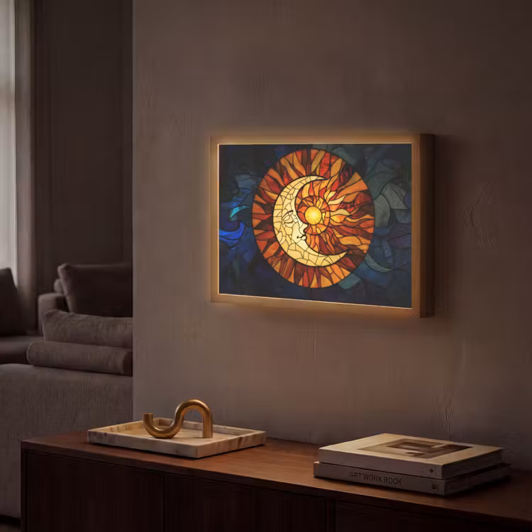 Mozaïek - Glas - Maan - Donkerblauw Light Box met batterij (Wandlamp) middel -sfeer1
