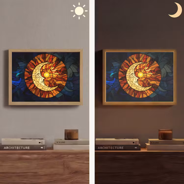 Mozaïek - Glas - Maan - Donkerblauw Light Box met batterij (Wandlamp) middel -sfeer3