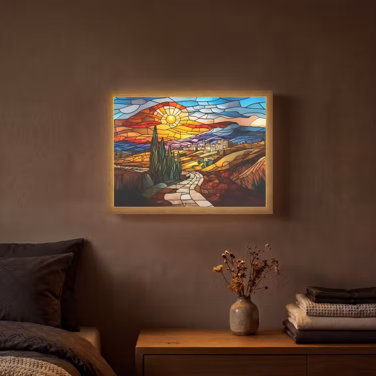 Mozaïek - Zon - Landschap - Dorp Light Box met batterij (Wandlamp) middel -sfeer4
