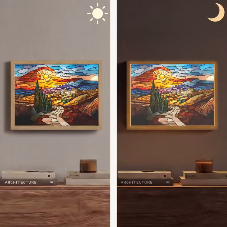 Mozaïek - Zon - Landschap - Dorp Light Box met batterij (Wandlamp) middel -sfeer3